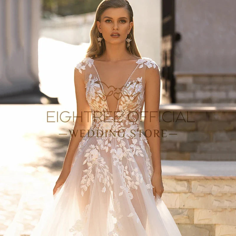 Elegant A-Line Wedding Dresses Deep V-Neck Appliques Long Bridal Dress Boho Beach Wedding Prom Ball Gowns Customized