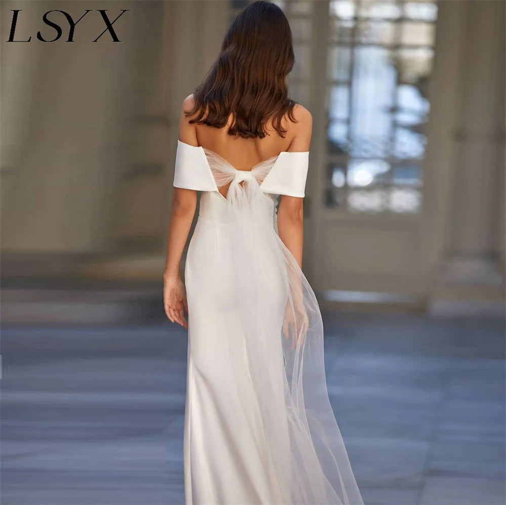 Elegant Off Schulter -Rückenless Meerjungfrau Hochzeitskleid für Frauen Einfacher Krepp -Sweep -Zug -Minimalismus Brautkleid