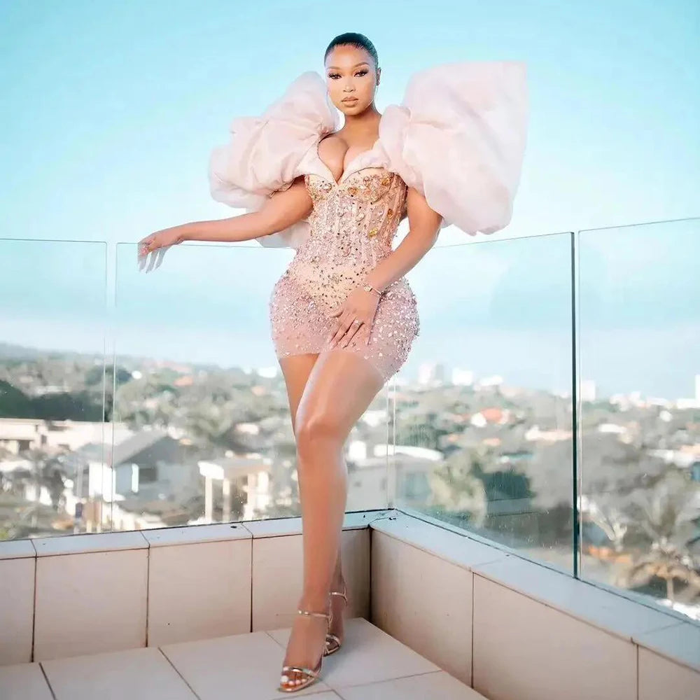 Pink Mini Evening Dresses with Puff Sleeves Deep V Neck Crystals Beaded Formal Party Gown Aso Ebi Dress same as picture