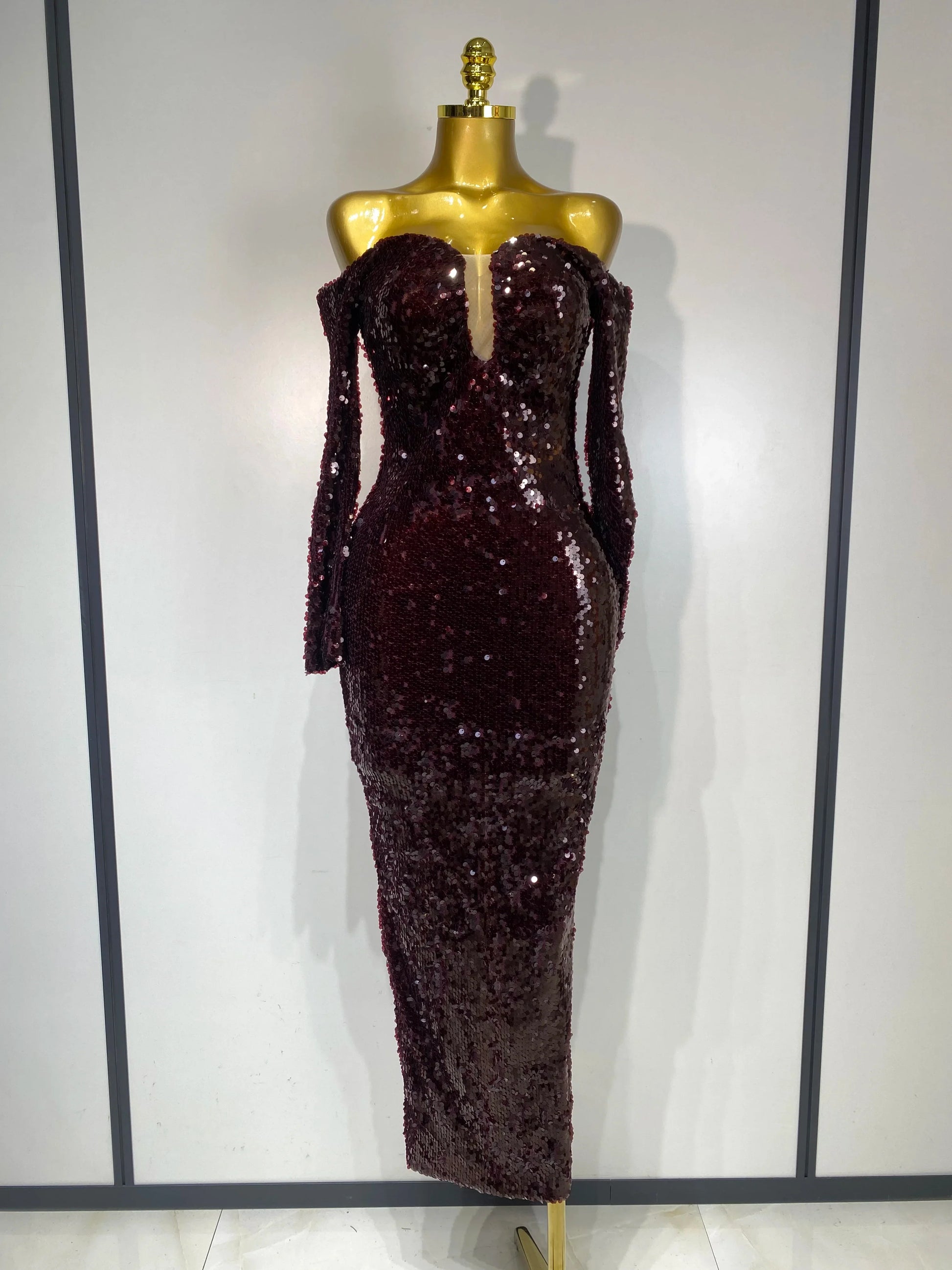 Women Luxury Sequin Celebrity Sexy Off Shoulder Long Bodycon Dress Elegant Evening Club Party Fashion Birthday Dresses burgundy