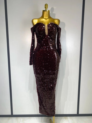 Women Luxury Sequin Celebrity Sexy Off Shoulder Long Bodycon Dress Elegant Evening Club Party Fashion Birthday Dresses burgundy
