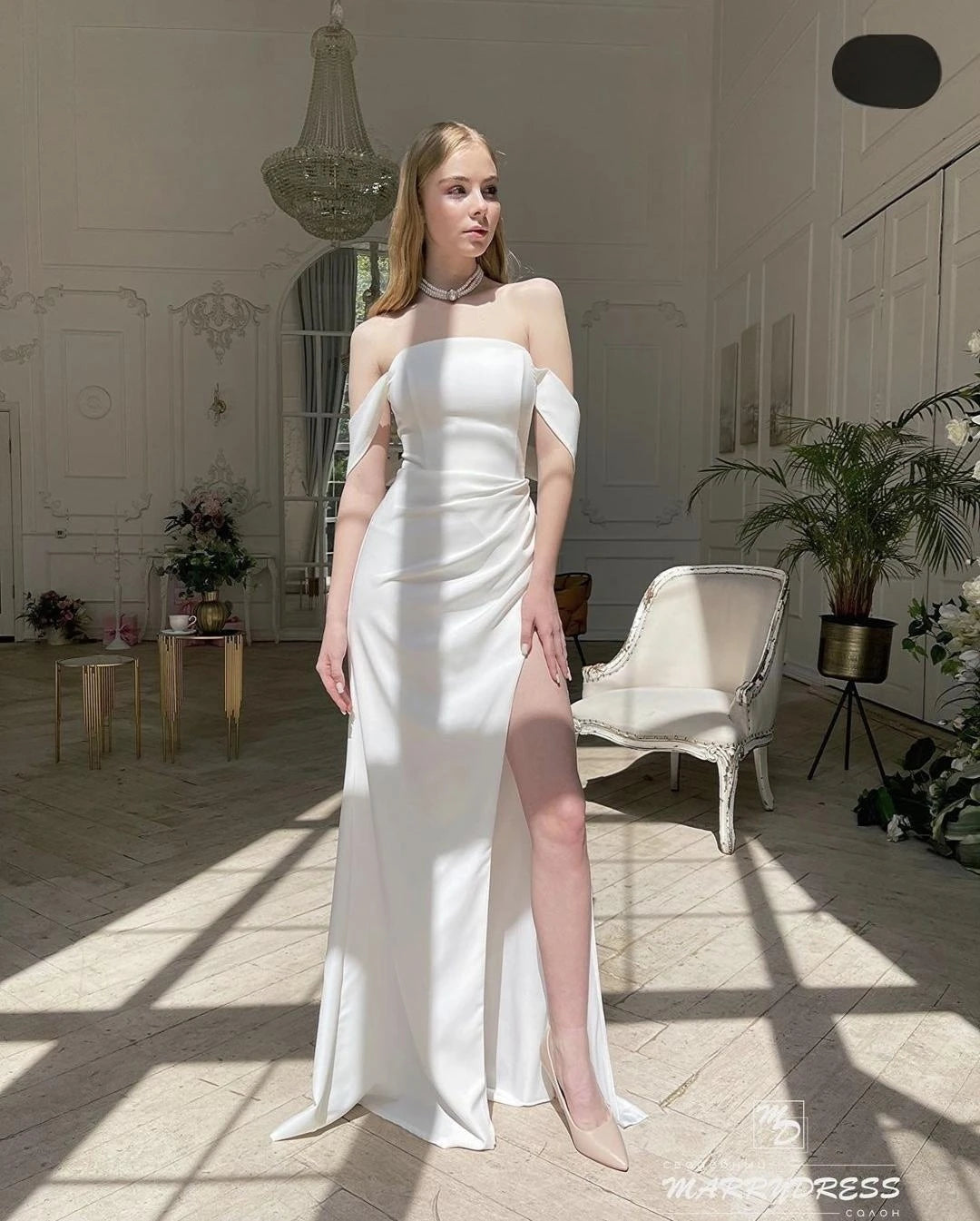 Gaun Perkahwinan Mermaid yang Menakjubkan Stin Lantai Panjang Celah dari Gaun Pengantin Bahu Sesuaikan untuk mengukur Pleat Robe de Mari