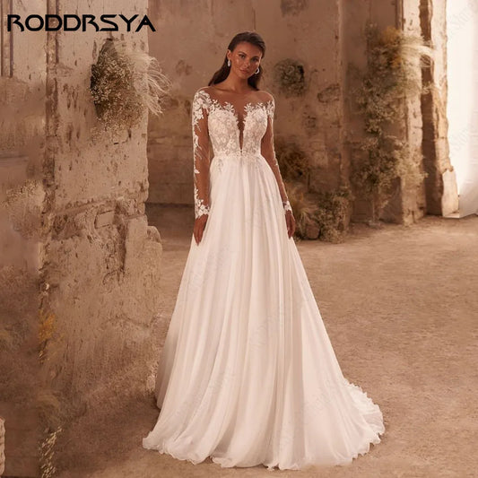 Roddrsya Boho שרוולים ארוכים שמלת כלה שמלת כלה אפליקציות שיפון כפתור צוואר גב גב A-Line שמלות כלה vestido de novia