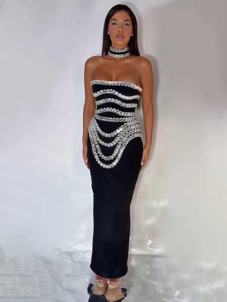 Black Strapless Long Dress Diamonds Embellished Bodycon Bandage Prom Celebrity Party Evening Gowns Dropshipping