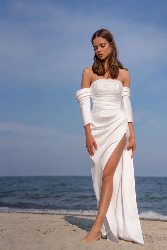 Seksowna sukienka ślubna syreny z zdejmowanym rękawem bez ramiączek wysoko szczelinowa suknia ślubna koronkowa z Bow Vestidos de novia Civil