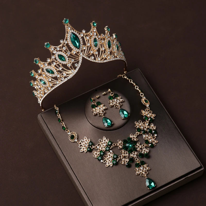 Luxury Silver Color Crystal Water Drop Bridal Jewelry Sets Rhinestone Tiaras Crown Necklace Earrings Wedding Dubai Jewelry Set TS-0012-G-XL-0008-C Tiaras
