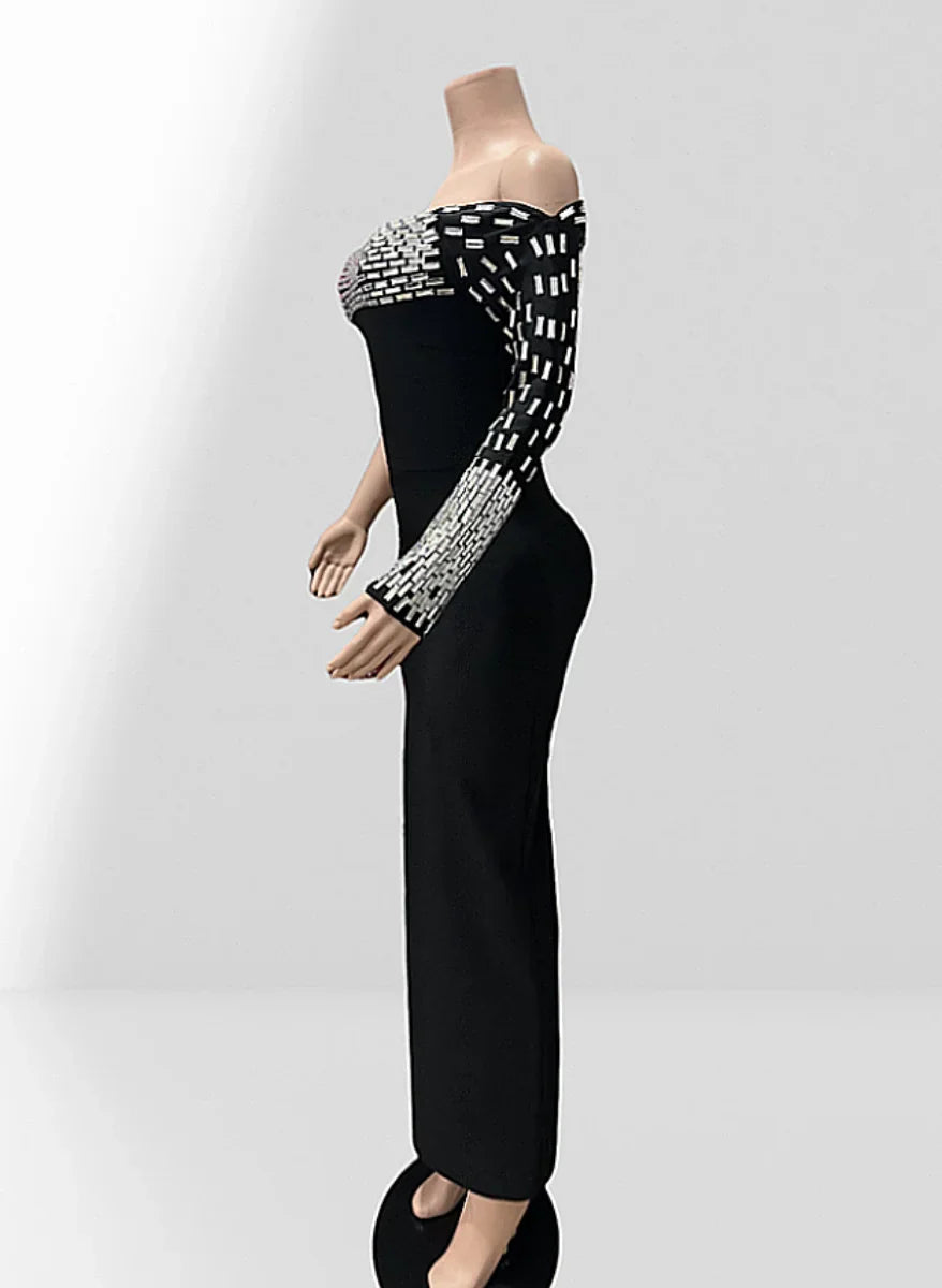 Spacial Design Luxury Diamonds Sexy Off The Shoulder Black Ankle Length Bandage Dress Woman Party Vestido Birthday Party Outfit