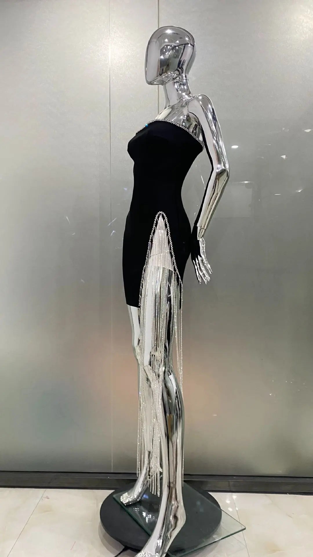 Shining Diamond Chain Sexy Slit Strapless Black Bandage Mini Dress Woman Birthday Party Dress Nightclub Party Outfit