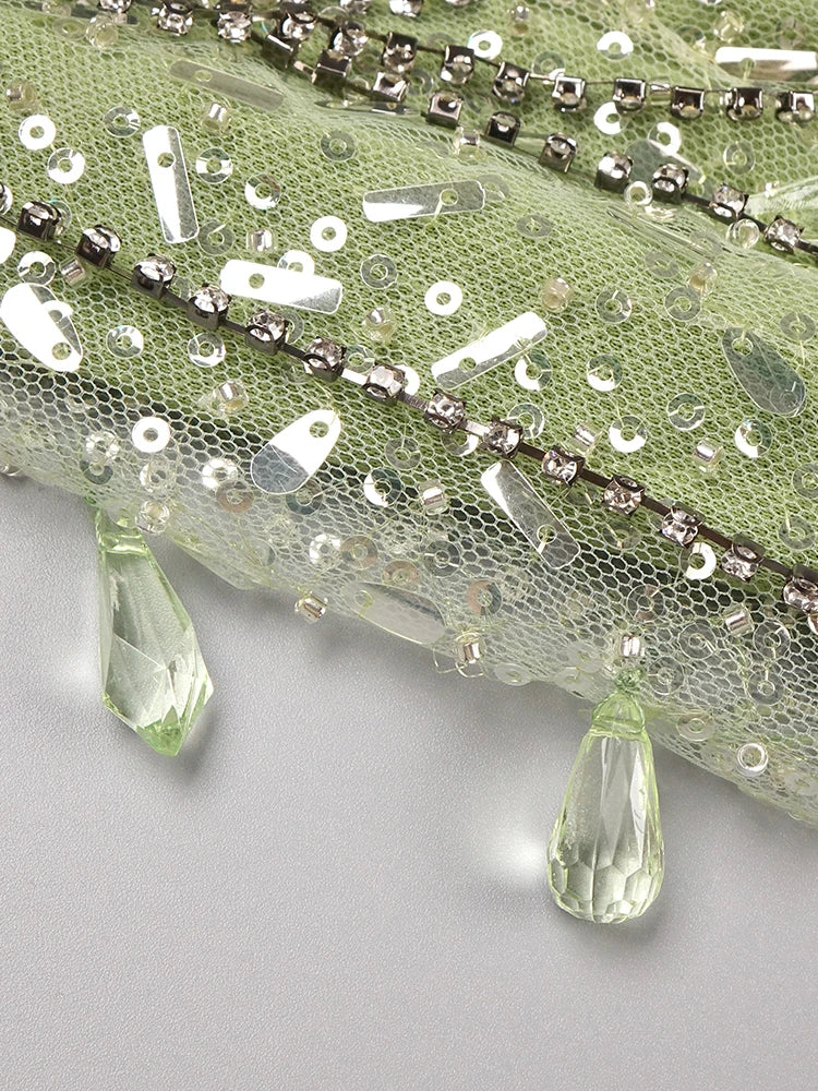 Summer New Green Feather Shining Sequins Strapless Slim High Slit Beads Tassels Party Cocktail Evening Dress