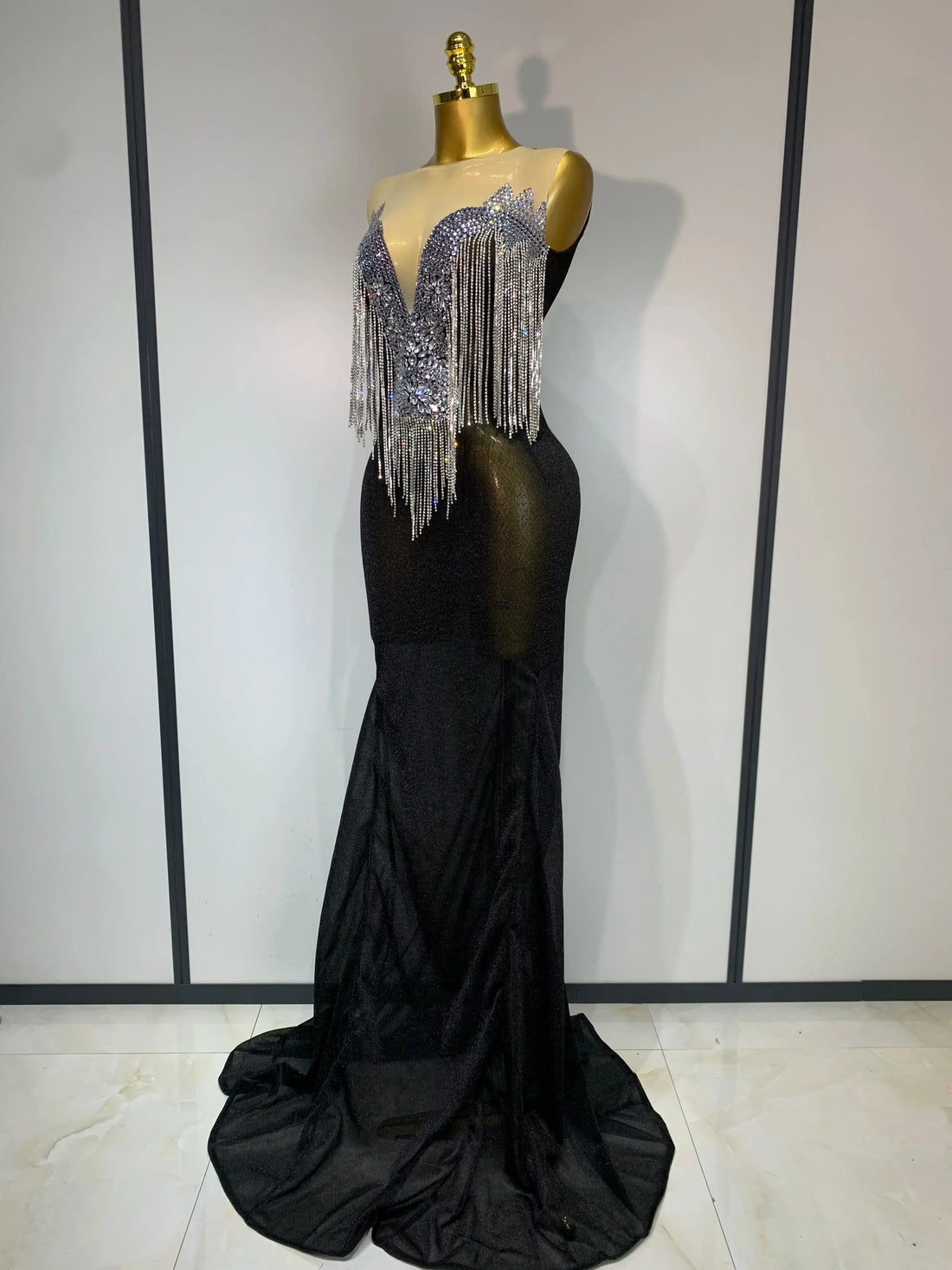 Women Sexy Sparkly Rhinestones chain Celebrity Elegant Maxi Long Dress Luxury Birthday Prom Gowns Stage Show Performance Costume black