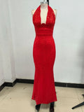 Sexy Women's Maxi Red Sparkle Dress with Hanging Neck Sleeveless Bodycon Backless Long Dresses Evening Club Party Vestidos