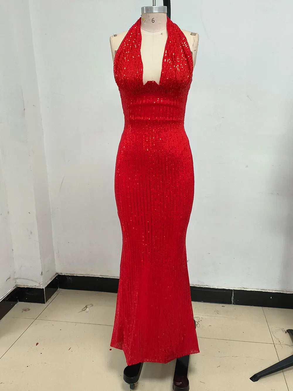 Sexy Women's Maxi Red Sparkle Dress with Hanging Neck Sleeveless Bodycon Backless Long Dresses Evening Club Party Vestidos