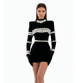 Winter Sparkling Diamonds Half High Collar Black Mini Bandage Dress Fashion Woman Evening Party Outfit black