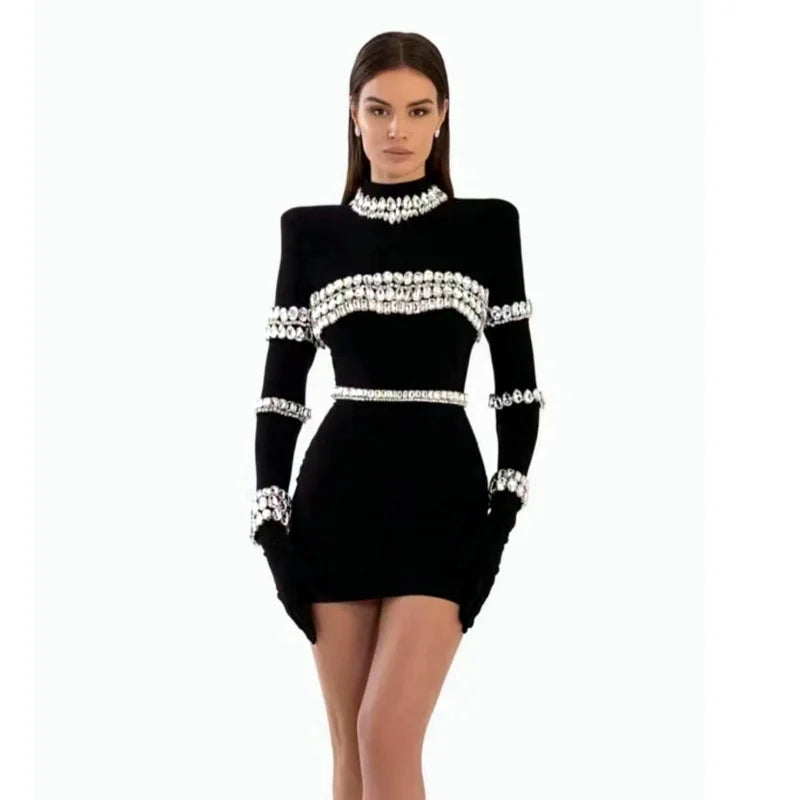 Winter Sparkling Diamonds Half High Collar Black Mini Bandage Dress Fashion Woman Evening Party Outfit black