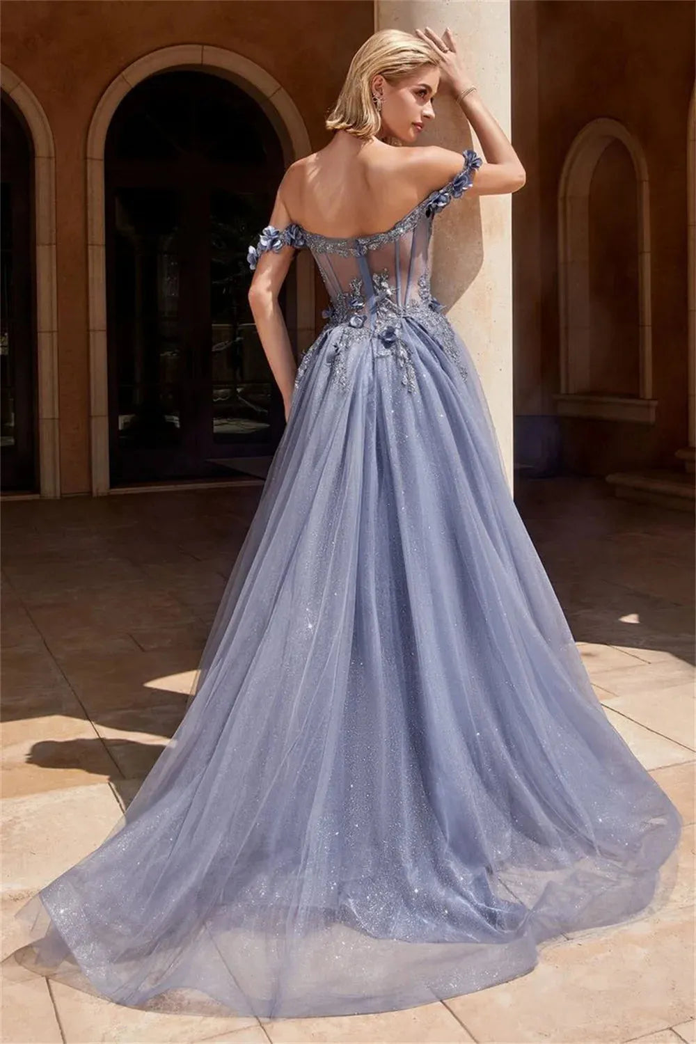 Off Shoulder A-line Tulle Fabric Prom Dress 3D Lace Embroidery Vestidos De Novia Elegant Heart Shaped Neck robes de soirée as pic