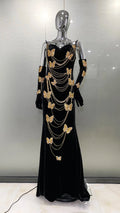 Fashionable Gloves Gold Shining Diamond Butterfly Strapless Black Long Dress Celebrity Luxury Evening Dress Performance costume
