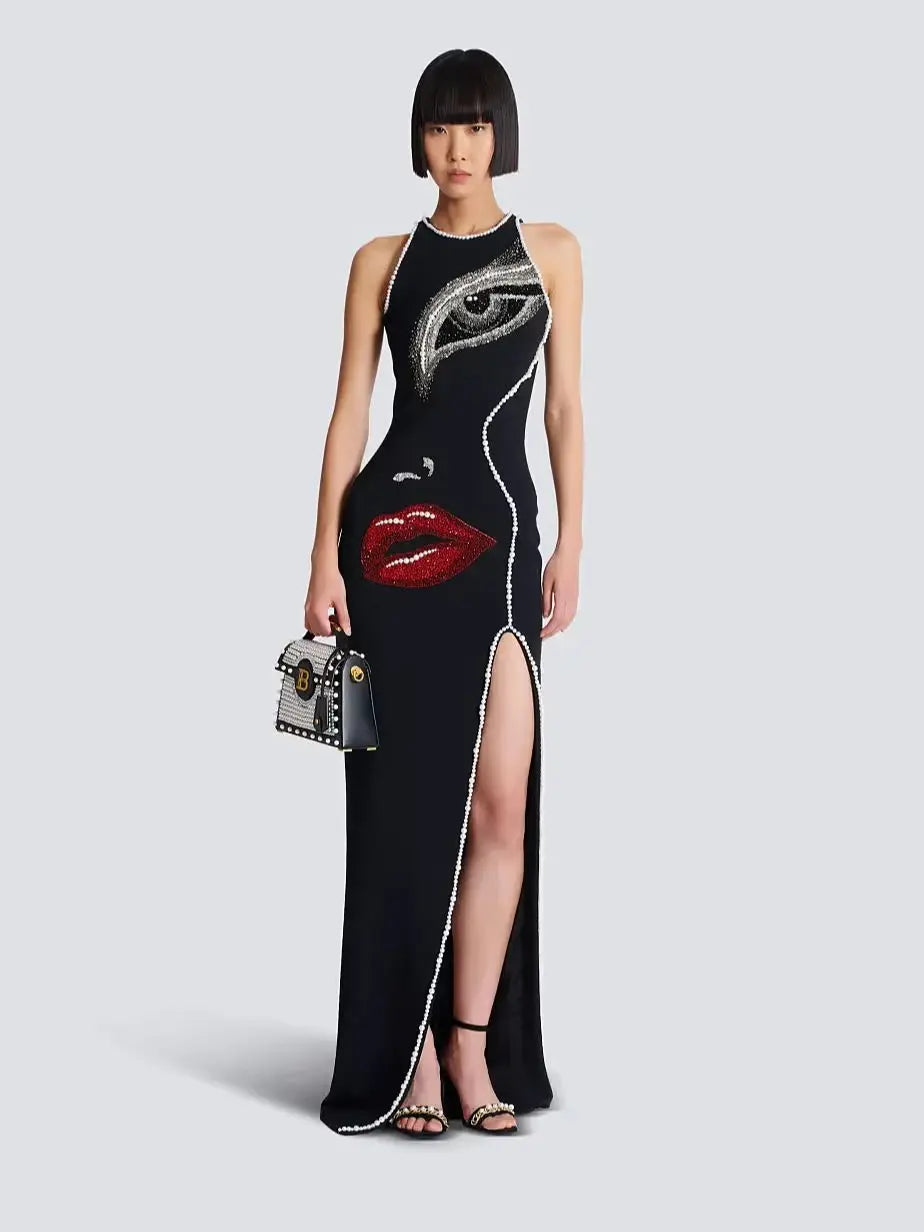 Big Eyes And Red Lips Patterned Diamonds High Slit Black Long Dress Woman Birthday Party Vestido Celebrity Party Outfit black