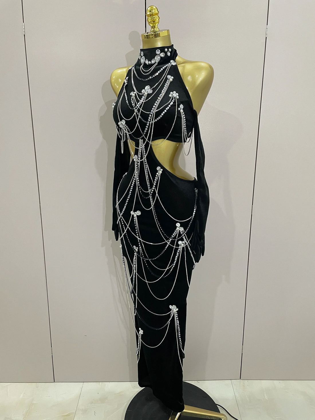 Women Sparkly Diamonds Tassels Chain Balck Sexy Halter Backless Long Dress Evening Birthday Party Celebrate Stage Costume black