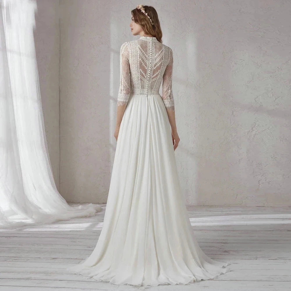 Abiti da sposa in chiffon in pizzo avorio boho alto collo 3/4 maniche vestidos de nolia lunghezza del pavimento mariage свадеб