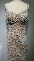 Gorgeous Feathers Beading Spaghetti Strap Bodycon Long Dress Woman Evening Dress Celebrity Birthday Party Outfit