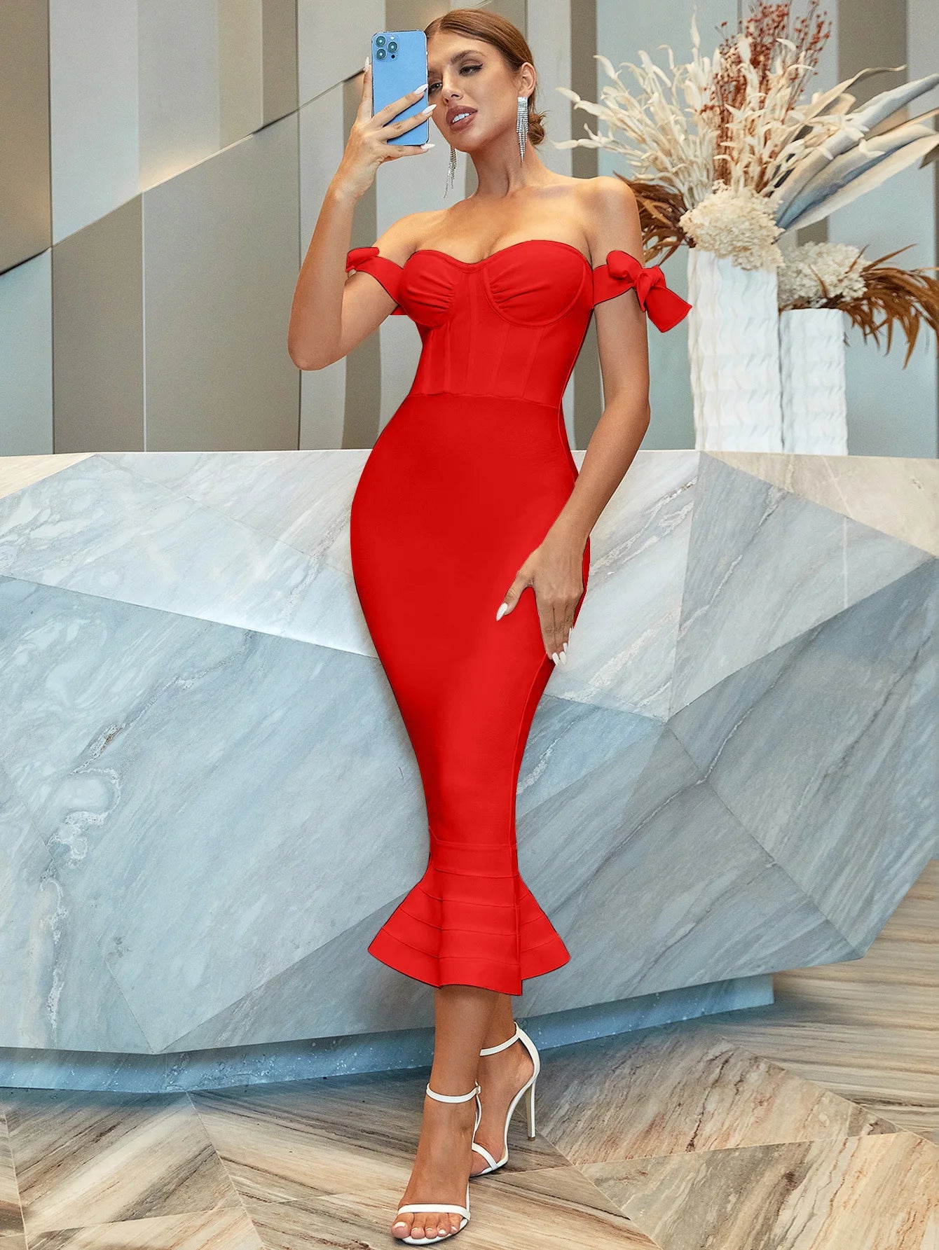 Elegant Sexy Bandage Dresses Off Shoulder Bodycon Dress Evening Dresses Long Luxurious Night Party Club Cocktail Women Club Red