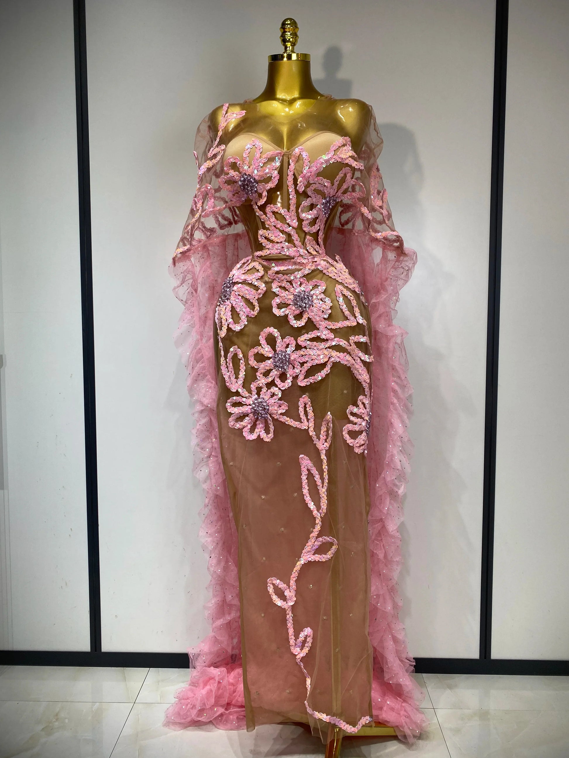 Women Sexy Mesh See Through Sequins Pink Maxi Long Dress Sparkly Sequin Evening Party Costume Stage Performance Birthday Dress Pink