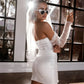 White Mini Sexy Glitter Prom Dresses Shiny Sequins Strapless فساتين السهرة Elegant Long Sleeves Short vestidos verano moda
