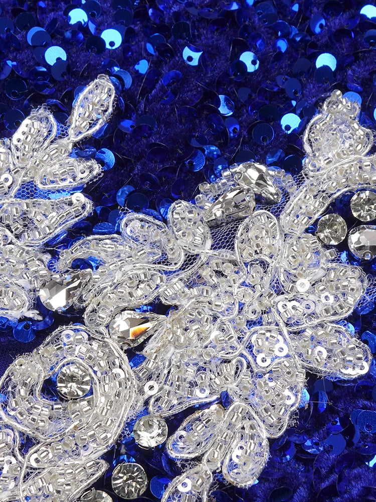 Luxury Blue Strapless Mermaid Prom Dress Sequined Sweetheart Neck Rhinestones High Slit Cocktail Evening Gowns with Gloves