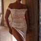 Shiny Off-the-shoulder Sequined Sheath Wedding Dresses Silhouette Custom Made Bridal Grown Vestido De Noival