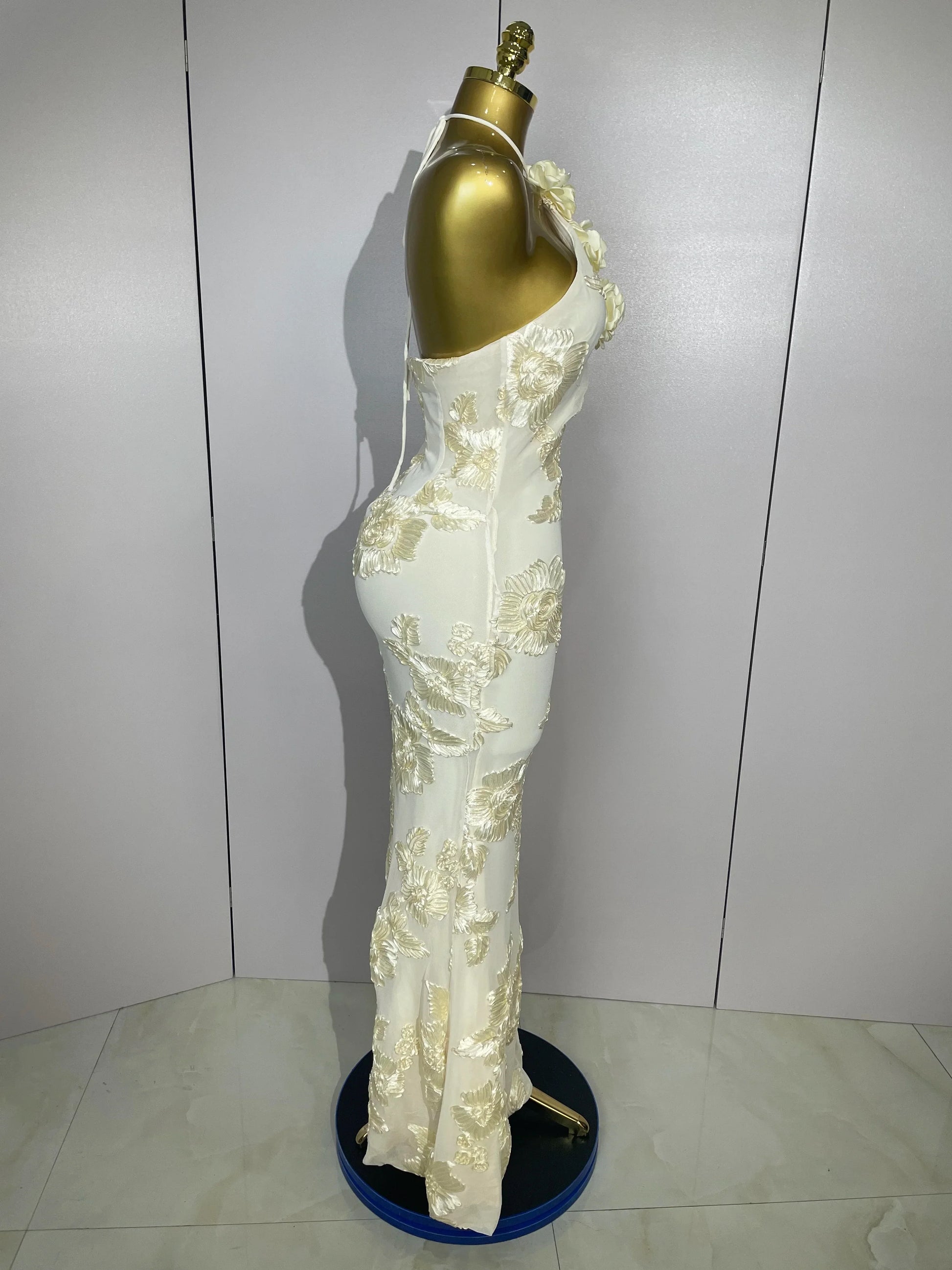 Sexy Halter High Waist Slim Embroidery Floral Long Dress Women Celebrate Evening Party Prom Fashion Cocktail Outfit