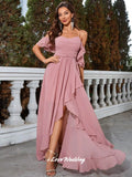 Pink Spaghetti-Strap Bridesmaid Dresses Chiffon V-Neck Ruffles A-Line Side Split Backless Wedding Guest Dresses Customized