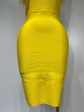 Women Sexy Backless Yellow Bodycon Bandage Dress Strapless Celebirty Elegant Feather Dresses Luxury Birthday Club Party Outfit