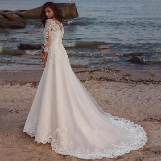 Robe De mariée longue Eleagnt manches longues col en V dentelle Appliques une ligne Tulle balayage Train mariée pour les femmes Robe De mariée été 