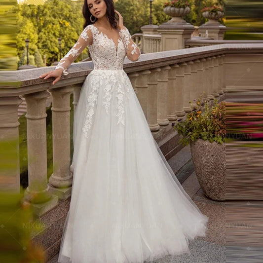 Long Sleeves Tulle Wedding Dress Lace Applique Scoop Neck A-Line Bride Gown for Woman Vestidos De Novia