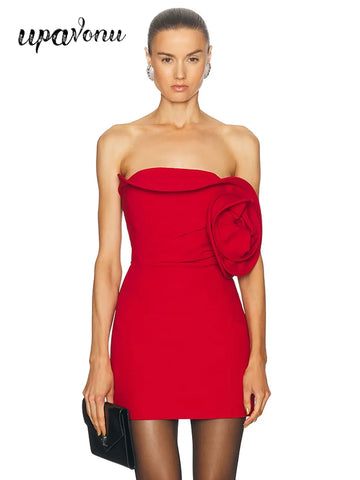 Sexy Women 3D Flower Design Christmas Dress Strapless Sleeveless Bodycon Bareback Mini Dress Cocktail Evening Party Vestido