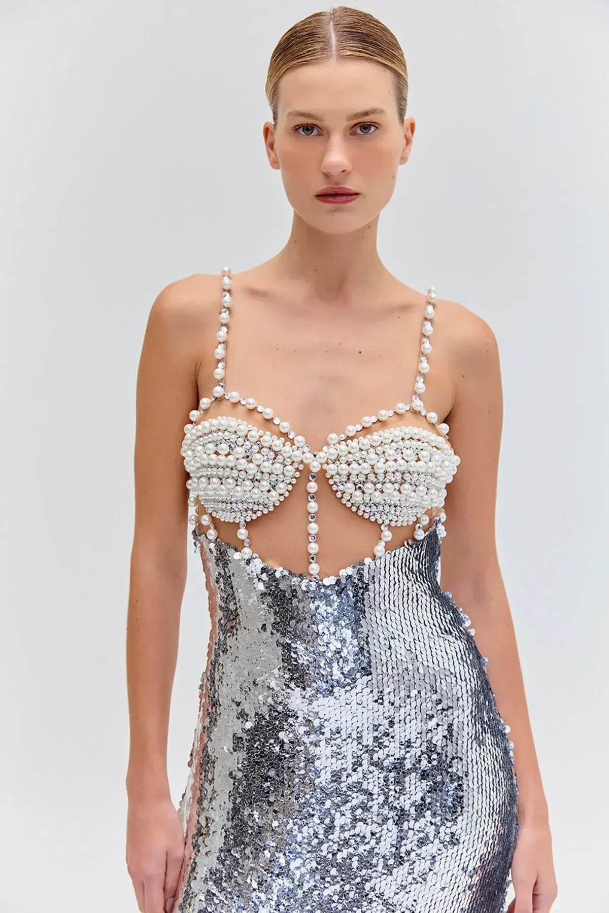 Fashionable Haute Couture Woman Evening Dress Pearl Sliver Sequins Spaghetti Strap Long Dress Celebrity Birthday Party Outfit