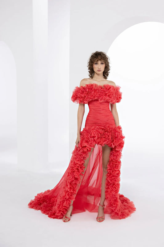 Vestidos de Fiesta rojos con volantes altos y bajos a la moda, vestido Formal plisado con hombros descubiertos, vestido de desfile de pasarela, vestidos para mujer