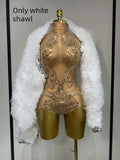 Shining Rhinestone Bodysuit Sexy Mesh See Through Dancer Birthday Evening Party Celebrate Performance Nightclub Stage Outfit only white shawl