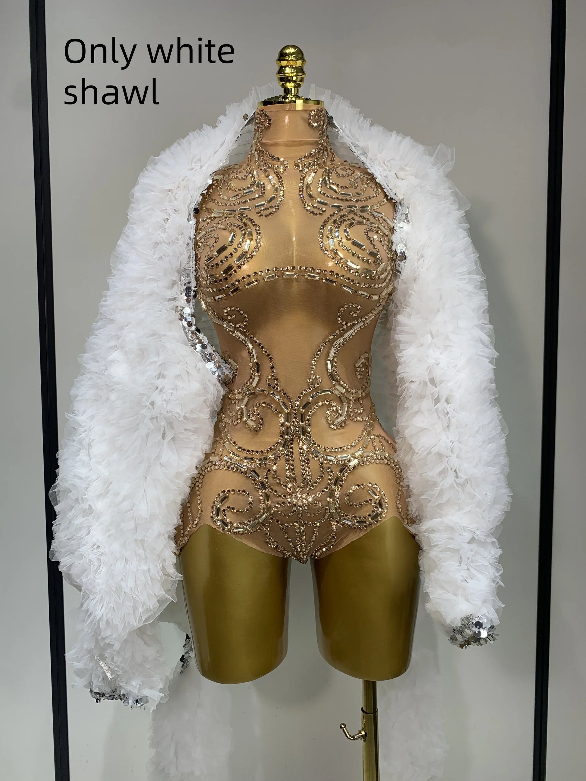 Shining Rhinestone Bodysuit Sexy Mesh See Through Dancer Birthday Evening Party Celebrate Performance Nightclub Stage Outfit only white shawl