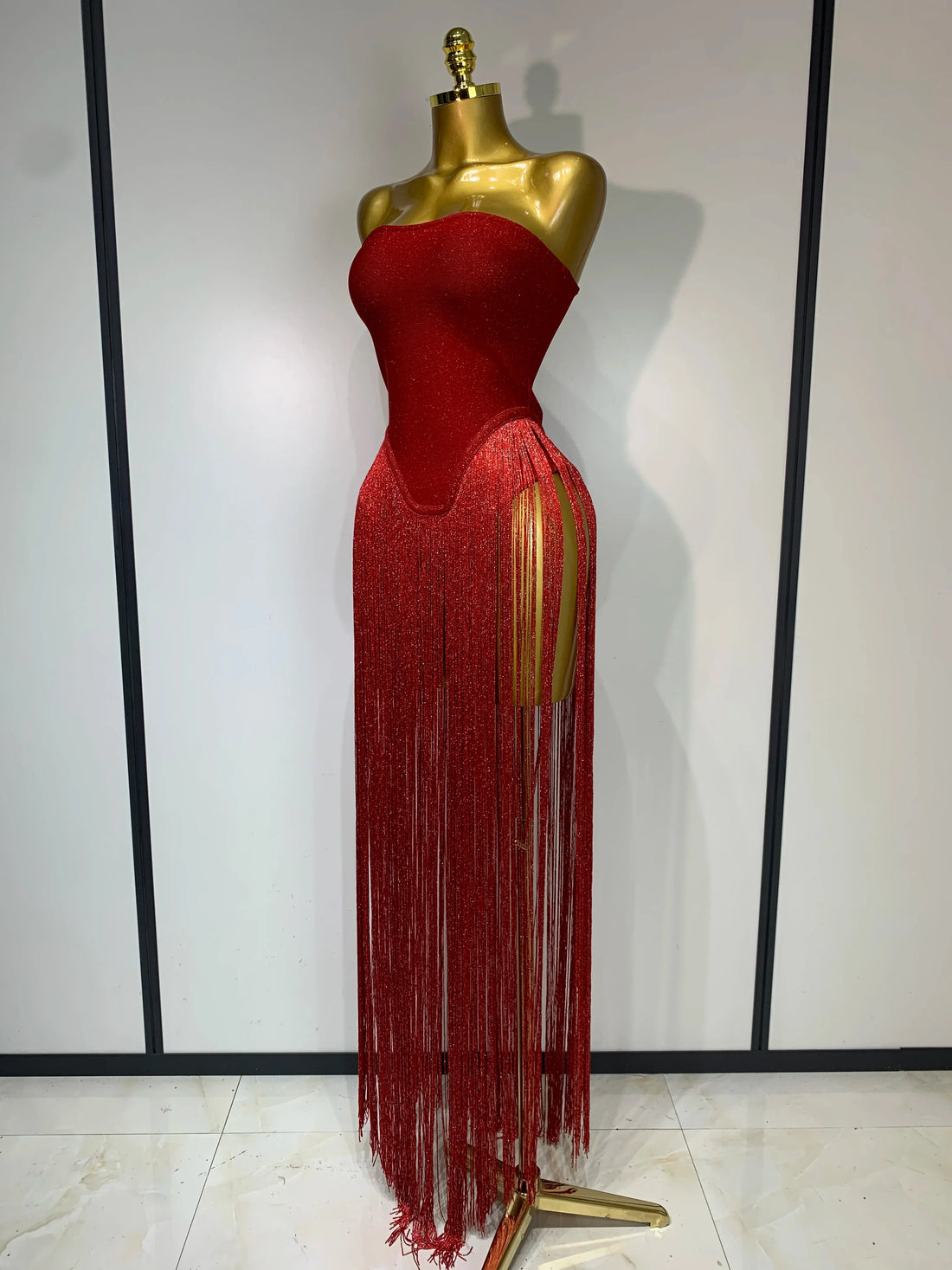 Fashion Design Long Tassel Patchwork Strapless Bandage Bodysuit Women Sexy High Street Evening Party Nightclub Hotwife Outfit Red