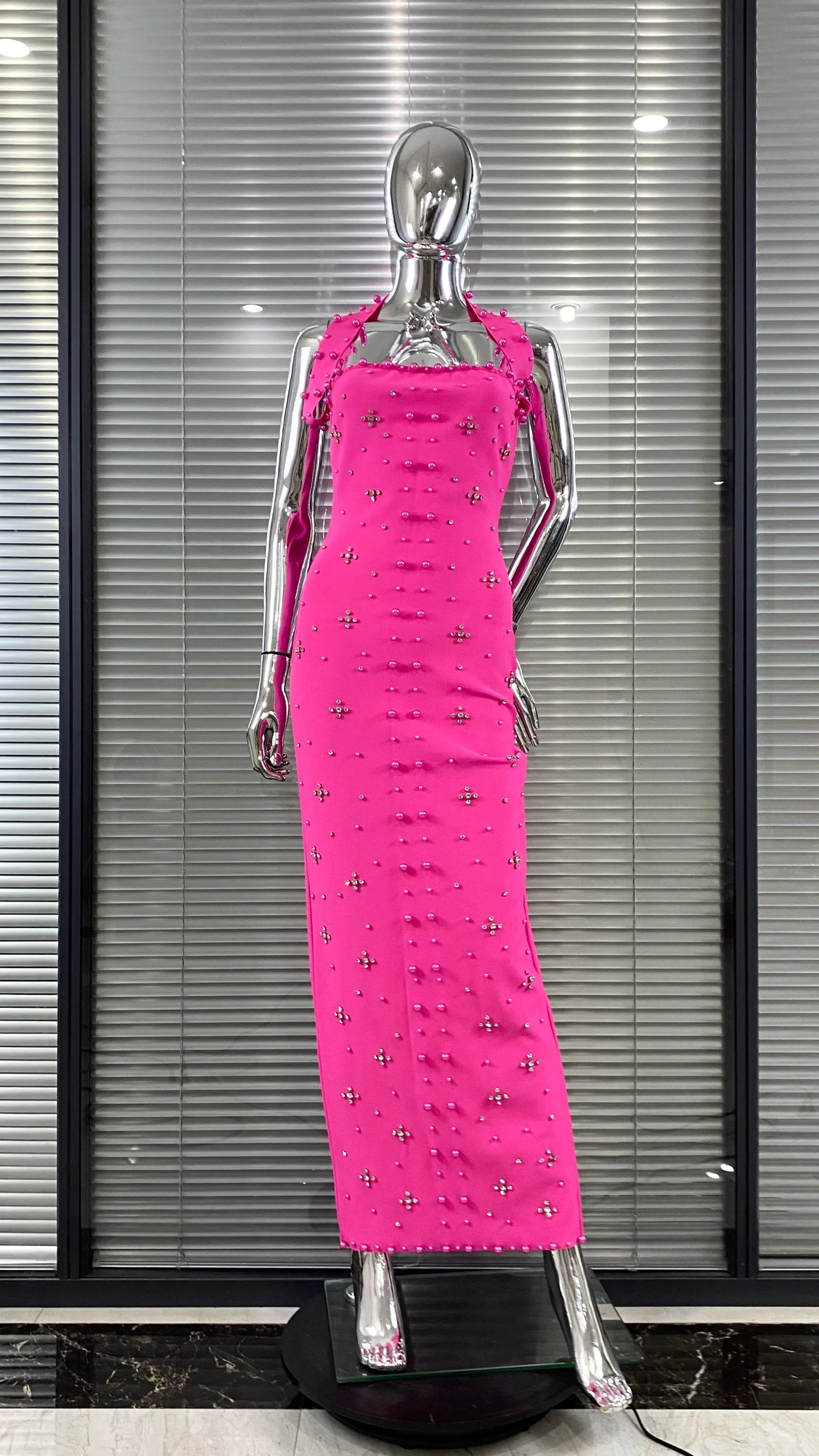 Luxury Shining Diamond Pearl Beading Halter Ankle Length Bandage Dress Elegant Woman Evening Party Vestido Birthday Party Outfit Rose Red