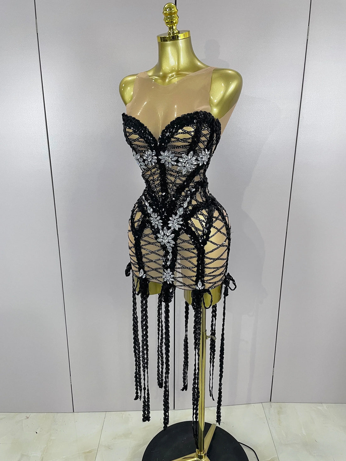 Sparkle Sequins Embroider Sparking Diamonds Long Tassel Sleeveless Mini Dress Women Red Carpet Goddess Stage Performance Costume black