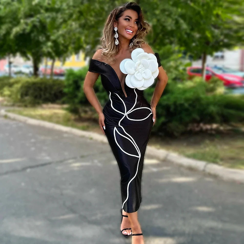 Black Red Color Women Sexy Strapless Big Flowers Bodycon Bandage Long Dress Celebrate Birthday Vacation Cocktail Dress Wholesale black
