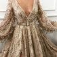 Glitter Sequins Evening Dress Puffy Sleeve Prom Dress With Belt Floor Length Vestidos De Fiesta Side Split فساتين حفلات