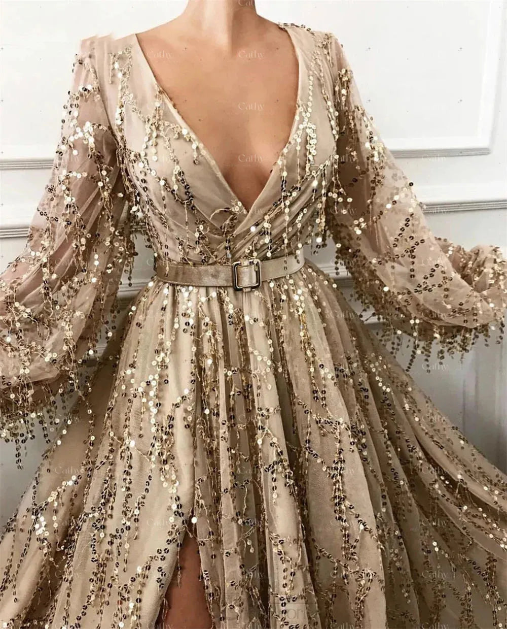Glitter Sequins Evening Dress Puffy Sleeve Prom Dress With Belt Floor Length Vestidos De Fiesta Side Split فساتين حفلات Gold