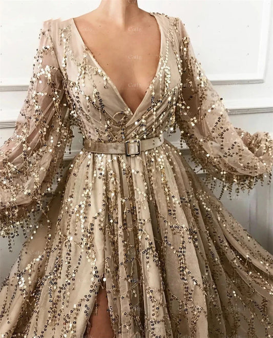 Glitter Sequins Evening Dress Puffy Sleeve Prom Dress With Belt Floor Length Vestidos De Fiesta Side Split فساتين حفلات