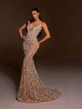 Haute couture Wedding Party dress Sequin embroidery Pearl Beading Sexy V－Neck Strapless Dress Celebrity Birthday Party Outfit Champagne