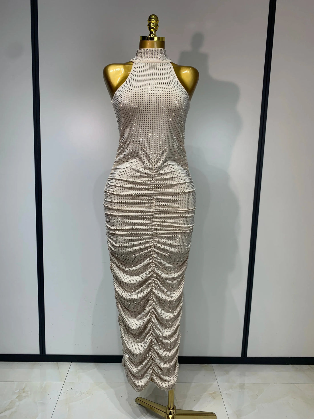 Women Sexy Backless Sleeveless Sparkly Diamonds Dress Slim Formal Elegant Celebrity Cocktail Party Luxury Birthday Gown Vestido Beige