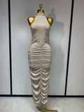 Women Sexy Backless Sleeveless Sparkly Diamonds Dress Slim Formal Elegant Celebrity Cocktail Party Luxury Birthday Gown Vestido Beige