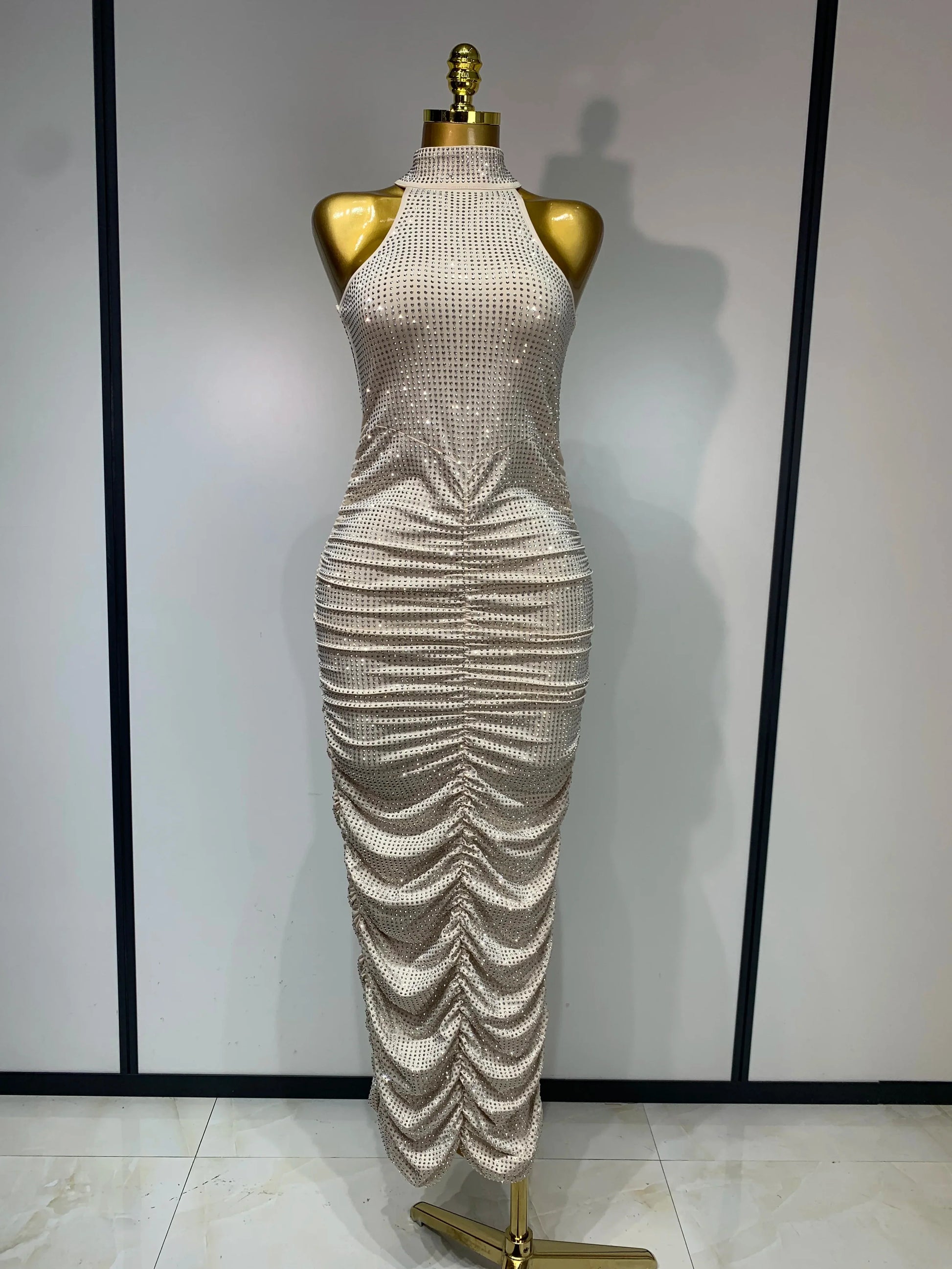 Women Sexy Backless Sleeveless Sparkly Diamonds Dress Slim Formal Elegant Celebrity Cocktail Party Luxury Birthday Gown Vestido Beige